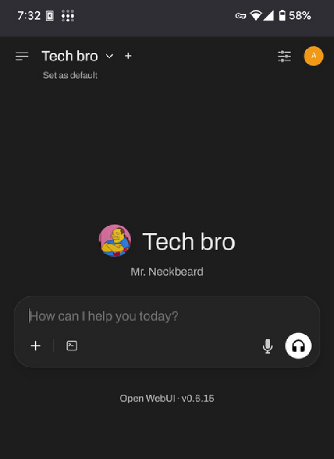 a screenshot of openwebui on mobile, with an AI persona called techbro